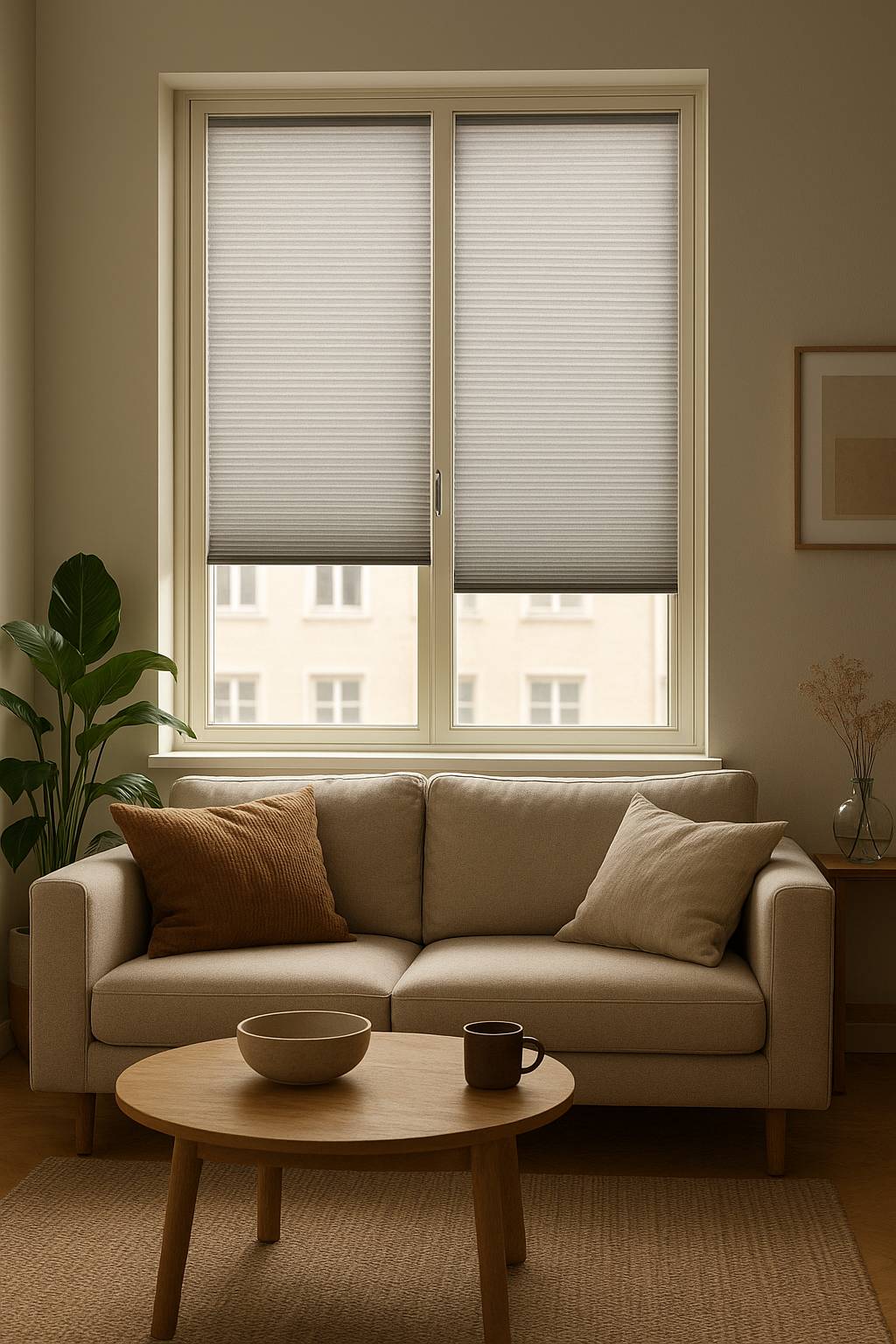 En ljus och modern vardagsrumsmiljö med beige soffa, träbord och plisségardiner i grått som delvis täcker ett stort fönster. Rummet är inrett med kuddar, växter och minimalistisk dekoration i varma, neutrala toner